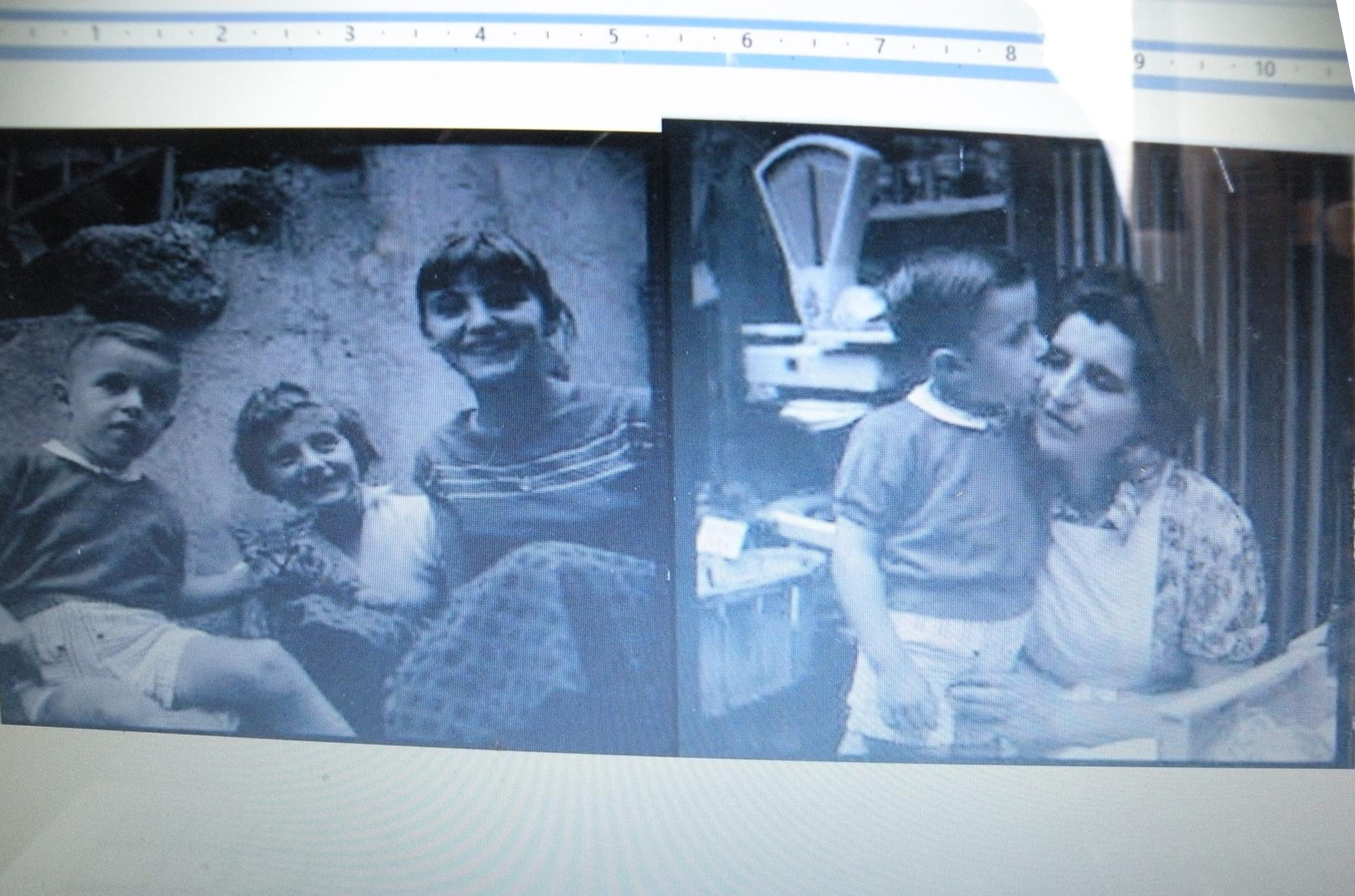 Contact sheet by Vivian Maier showing two candid moments of siblings in Saint-Bonnet-En-Champsaur: left frame captures three children together, right frame shows tender moment of sister kissing brother on cheek with genuine affection, French Alps village setting, 1959